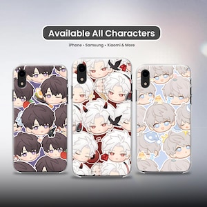 May include: Three clear phone cases with cartoon character designs. The cases feature different anime-style characters with various hair colors and expressions. The text "Available All Characters" and phone brands are displayed above the cases.