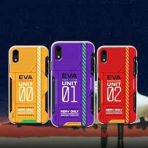 May include: Three phone cases with a design inspired by the anime series, Neon Genesis Evangelion. The cases are yellow, purple, and red, each featuring the text "EVA UNIT" and a unit number. The cases also have the text "NERV ONLY".