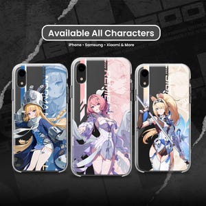 May include: Three clear phone cases featuring anime-style character illustrations. The cases display text including Available All Characters, iPhone, Samsung, Xiaomi & More. Each case shows a distinct female figure in a unique outfit and pose.