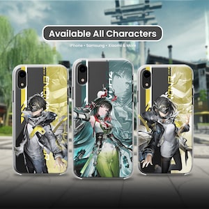 May include: Three clear phone cases with anime-style character designs. Each case features a different character with a unique color scheme and graphic elements. Text on the cases reads "Available All Characters" and "iPhone • Samsung • Xiaomi & More."