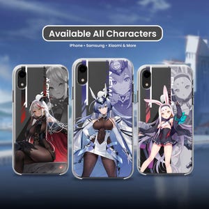 May include: Three clear phone cases with anime-style character designs. The cases feature colourful illustrations of female characters in various outfits. The text "Available All Characters" and phone brand names are displayed at the top.