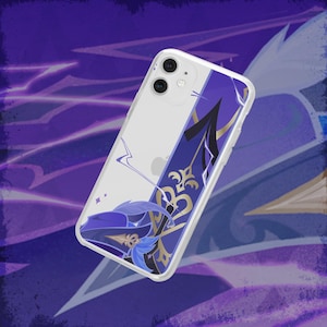 May include: Clear phone case with a purple and blue design. The case features a vertical stripe with gold accents and a stylized floral motif. The phone case is designed for an iPhone.