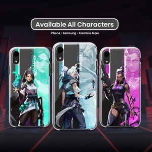 May include: Clear phone cases featuring character art in teal, blue, and purple. The cases display illustrations of female characters with weapons and accessories. Text on the cases reads "Available All Characters" and "iPhone • Samsung • Xiaomi & More."