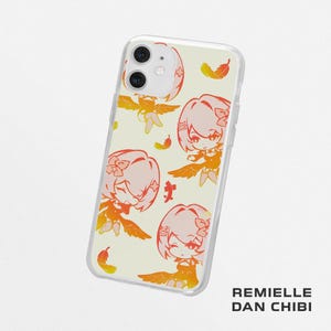 May include: A clear phone case featuring a repeating pattern of chibi-style characters with short hair and wings, rendered in gradient shades of orange, yellow, and red. Small feathers are scattered among the figures on a light background.