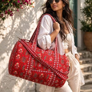 Handmade Quilted Cotton Duffle Bag, Floral Block Print Travel Weekender