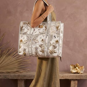 Handmade Quilted Cotton Tote Bag, White Jungle Print, Eco-Friendly Travel Shopping Bag
