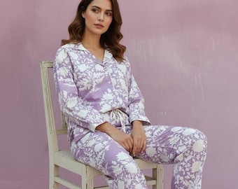 Handmade Lavender Floral Cotton Pajama Set | Block Print Nightwear