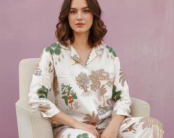 Handmade Cotton Pajama Set | Botanical Print Nightwear,Cozy Loungewear Set, Gift for Her