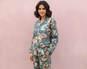 Hand Block Printed Floral Cotton Pajama Set | Handmade Sleepwear,Comfortable Lounge Set, Home Wear