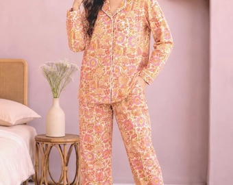 Ensemble pyjama en coton à fleurs orange fait main | Vêtements de nuit imprimés à la main, vêtements d'intérieur confortables, vêtements de nuit pour femmes