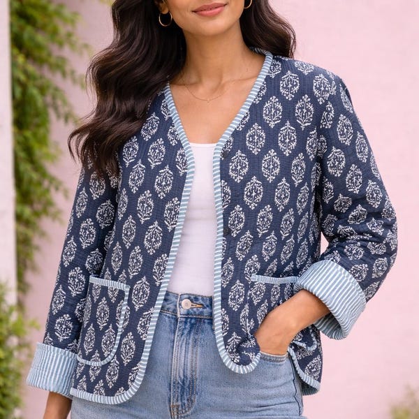 Handmade Quilted Cotton Jacket for Women, Indigo Block Print Jacket, Reversible Lightweight Casual Coat