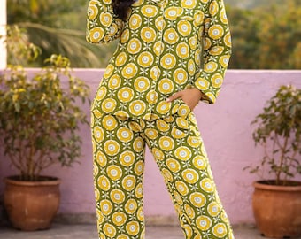 Handmade Cotton Pajama Set, Floral Block Print Loungewear,Soft Printed Sleepwear, Comfortable Lounge Wear