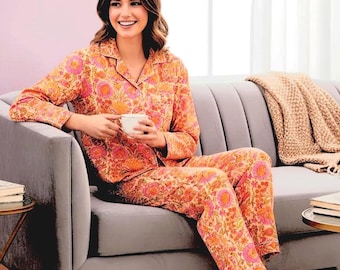 Handmade Orange Floral Cotton Pajama Set | Block Print Sleepwear,Comfortable Loungewear, Nightwear for Women