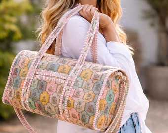 Gesteppter Baumwollduffel Bag, Pink Tiger Block Print, Boho Travel Tote, handgemachte Weekender Bag