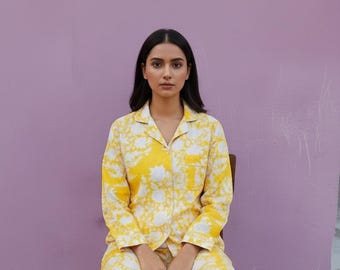 Women Night Suit Pajama Set, Cotton Sleepwear Set, Printed Nightwear| Yellow Floral