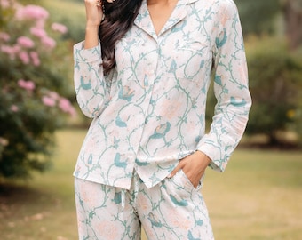 Handmade Cotton Pajama Set – Tropical Floral Print Loungewear
