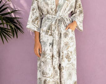 Handmade Cotton Kimono Robe – Nature Print Bathrobe for Women, Lightweight Lounge Dress
