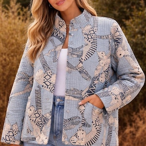 Handmade Quilted Cotton Jacket for Women, Light Blue Printed Patchwork Jacket, Winter Ethnic Coat