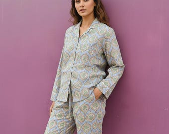 Handmade Cotton Pajama Set: Indian Block Print Sleepwear