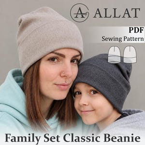 Pacote de Moldes para Costura de Gorros de Família, PDF de Gorros de Tricô Combinando para Adultos e Crianças, Tutorial de Gorro Mãe e Filha, Download Instantâneo em Todos os Tamanhos