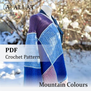 May include: A patchwork crochet cardigan in shades of blue, purple, and white is displayed on a mannequin. The text "PDF Crochet Pattern" and "Mountain Colours" are visible. The Allat logo is in the upper left corner.