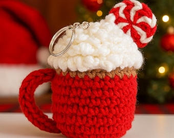Pepermunt warme chocolademelk beker gehaakte sleutelhanger pdf-patroon – DIY kerstmok, gehaakte sleutelhanger, vakantiecadeau, gehaakte amigurumi-zelfstudie