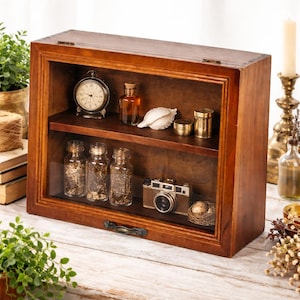 May include: A wooden display cabinet with a glass front, featuring two shelves filled with vintage items. Includes a clock, small bottles, a camera, and decorative objects. The cabinet is stained a warm brown.