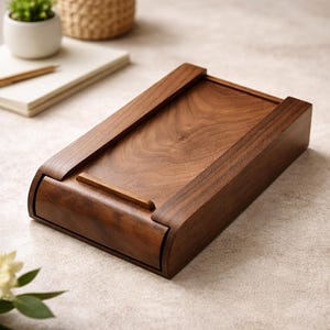 May include: A rectangular wooden box with a rich, dark brown finish. The box features a sliding drawer and a raised frame around the top. The wood grain is visible, adding to the natural aesthetic. The box is designed for storage and organization.