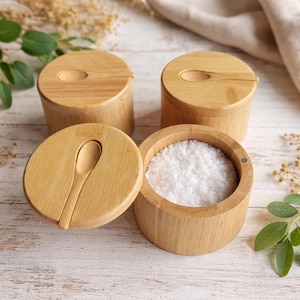 May include: Four bamboo salt cellars with lids and small spoons. One cellar is open, revealing white salt. The cellars are cylindrical with a natural wood finish. The lids have a small spoon-shaped indentation.