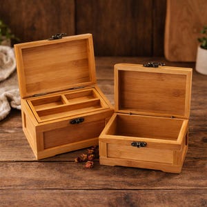 May include: Two open wooden boxes with hinged lids and metal clasps. The larger box has a divided interior. Both boxes are made of light-coloured wood and sit on a wooden surface. The boxes are empty.