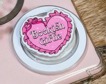 Bookish Girlie MagSafe Phone Grip – Pink Heart Bow Magnetic Holder Stand, Kawaii Reading Accessory for Phones or E-Readers