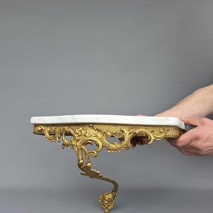 Vintage Italian brass console with floral decor & marble top, Louis XV style ++