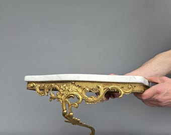 Vintage Italian brass console with floral decor & marble top, Louis XV style ++