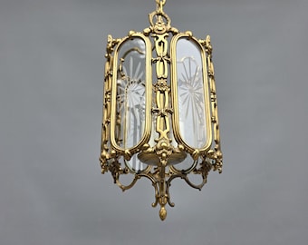 Vintage French brass lantern with etched glass panels, Louis XV style ++