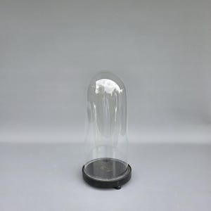 Puede incluir: Una campana de cristal transparente con la parte superior redondeada, colocada sobre una base circular negra. La cúpula de cristal es alta y cilíndrica, diseñada para proteger y exhibir objetos. La base tiene un aspecto ligeramente envejecido.