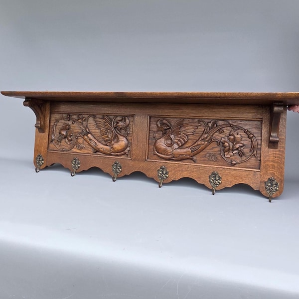 Large Mid-Century French hand carved oak wood coat rack with dragons griffins, Gothic style ++