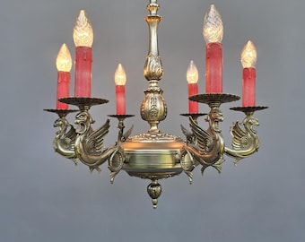 Reserved B L Vintage French six-light brass Gothic castle dragon chandelier ++