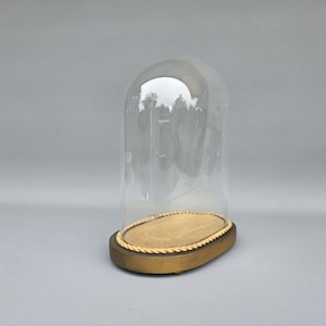 Könnte beinhalten: Eine transparente Glasglocke mit abgerundeter Oberseite, die auf einem ovalen Sockel ruht. Der Sockel hat einen goldfarbenen Rand mit einem seilartigen Design und einen beigefarbenen Innenraum. Die Glocke dient zur Präsentation von Gegenständen.