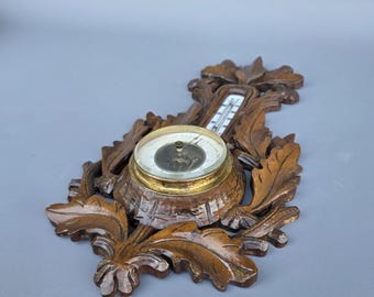 Rare antique Black forest wood carved barometer / thermometer ++
