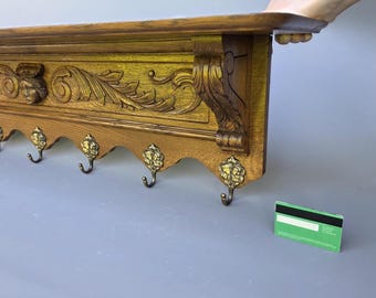 Dutch heavily carved oak wall rack with romantic hooks ++