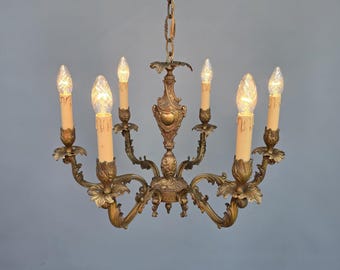 Vintage French brass six-branch Rococo style chandelier / ceiling Light ++
