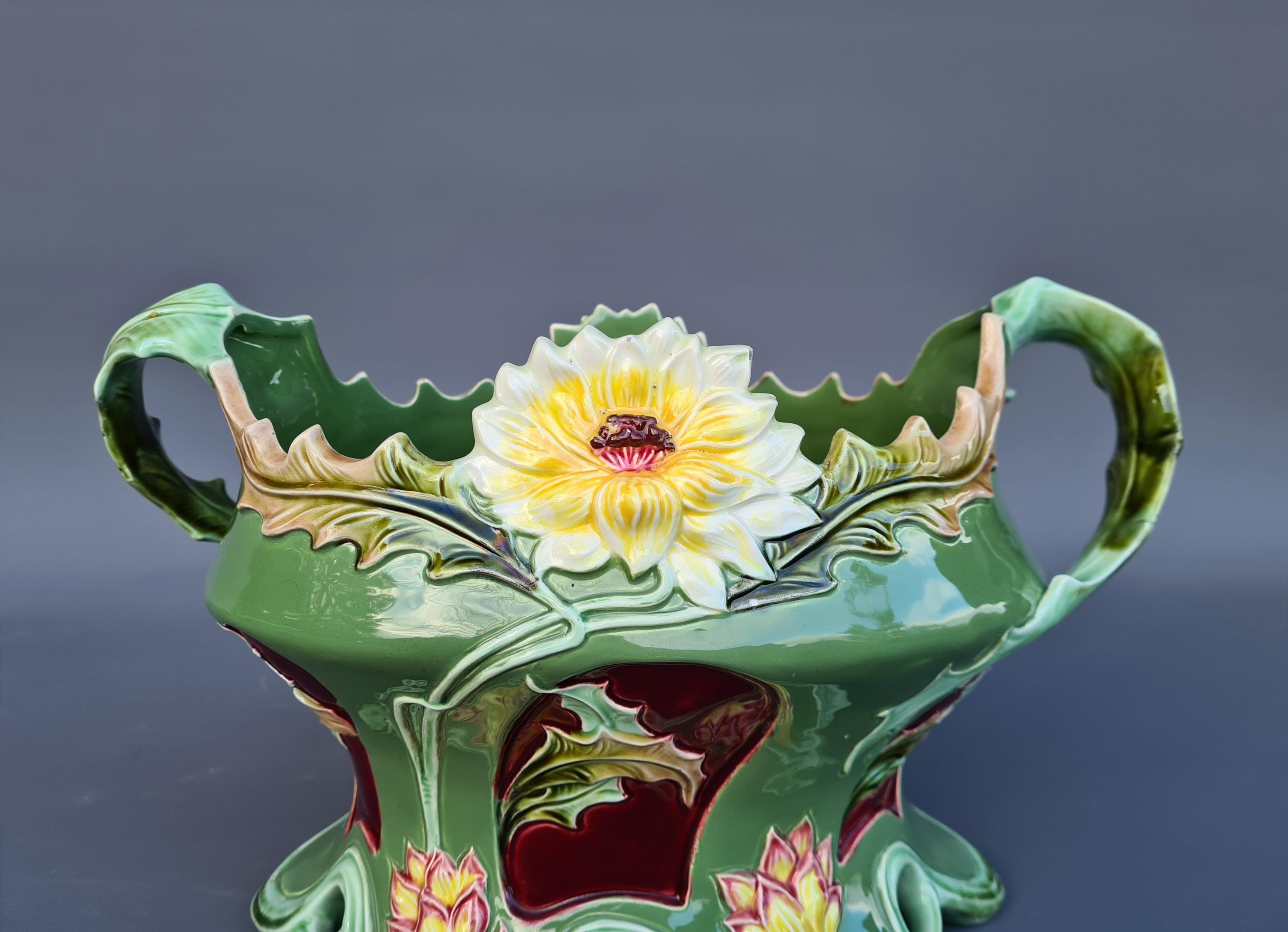 Rare Antique Eichwald Twin Handled Majolica Pottery Floral Planter
