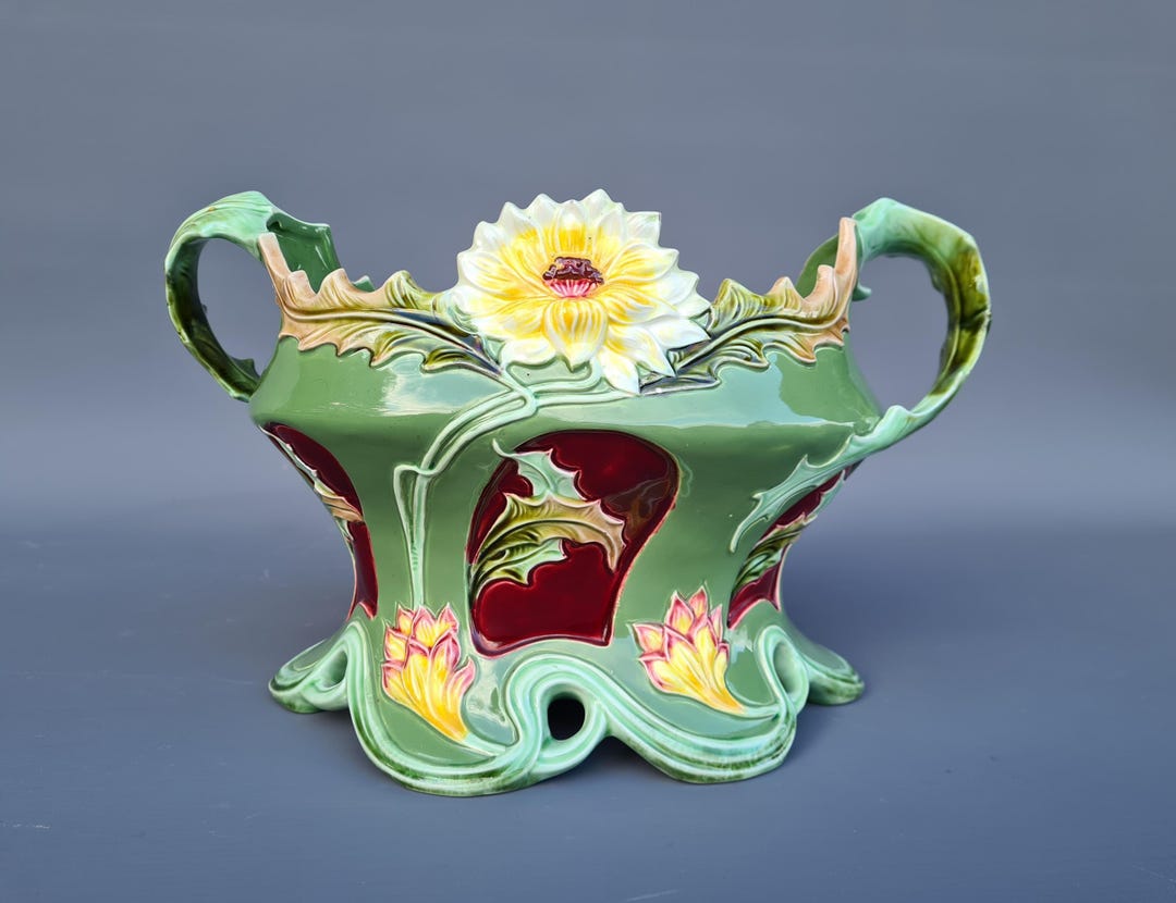 Rare Antique Eichwald Twin Handled Majolica Pottery Floral Planter
