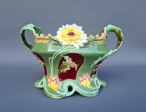 Rare Antique Eichwald Twin Handled Majolica Pottery Floral Planter