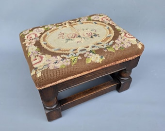 Elegant & small antique French oak wooden floral tapestry bench foot stool ++