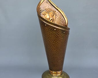 Old Belgian copper and brass umbrella holder or stand, Fleur de Lis in Shield ++