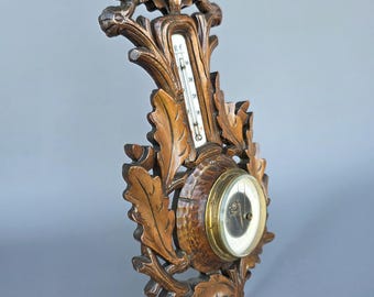 Rare antique Black forest wood carved barometer / thermometer ++