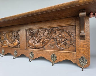 Reserved for Meneer Do./ Large Mid-Century French hand carved oak wood coat rack with dragons griffins, Gothic style ++