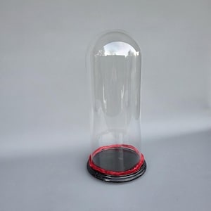 Op de afbeelding: Een heldere glazen stolp met een zwarte basis en een rode rand. De koepelvormige afdekking is hoog en cilindrisch, ontworpen om items te beschermen en weer te geven. De stolp staat op een grijze ondergrond.