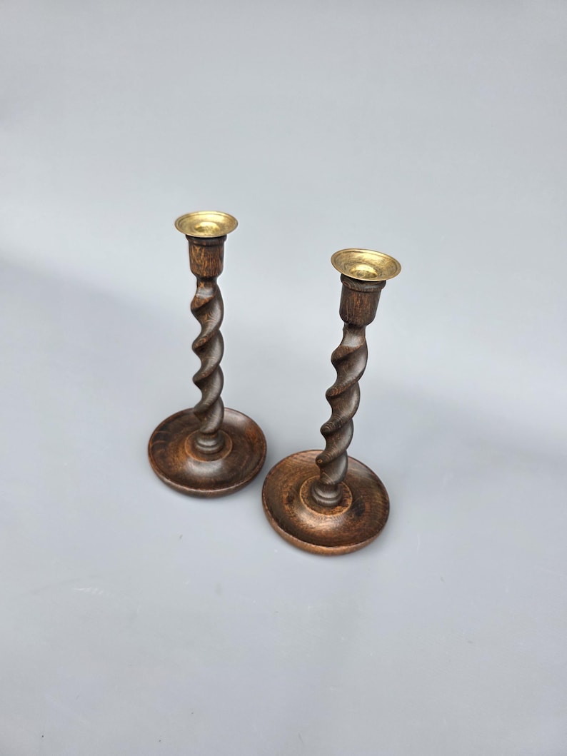 Pair of antique English barley twist candlesticks / candle holders ++